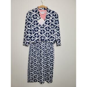 Gretchen Scott Navy White Scroll Geometric Elastic Waist Dress Womens Small NWT